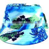 Blue Landscape Hawaiian Print Floral Bucket Hat Flower Boonie Cap Hawaii Beach Cap thumbnail-1
