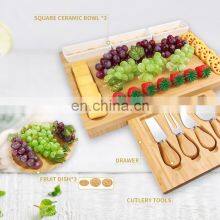 Natural Original Large Square, Charcuterie Wooden Bamboo Cheese Board With Grooved Cutlery 4 Stainless Steel Cheese Knives thumbnail-5