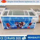 538L curved glass door deep chest freezer for ice cream display