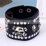Fashion Cool Rock Wide Genuine Leather Wrap Skull Bracelet