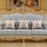Luxury Living Furniture Wood Carving Goldfoil Light Blue Genuine Leather Sofa Set thumbnail-4