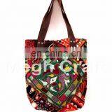 Colorful Embroidered Festival Boho Bag- Handcrafted Vintage Textiles Leather Handle Tote BAG