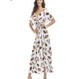 Half Sleeve Leaf Printed Front Open Waist Tied Women Dress thumbnail-2