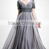 Autumn Style Elegant V-Neck Smooth Lace Short Sleeve Floor Length Evening Gown thumbnail-4