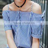 Dresses 2017 Summer Blue Stripe One off Shoulder Dress Lazy and Comfortable Fashion Summer Street Style Daily Dress thumbnail-3