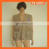 Brown sleeveless multi pocket fishing vest for adult man