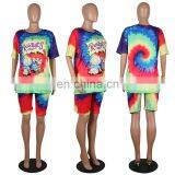 Wholesale Women Tie Dye and Printing 2 Two Piece Bodycon Outfit T Shirt and Short Sets thumbnail-4