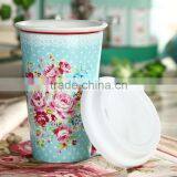 12oz Pink Flower Design Ceramic Double Wall Tumbler thumbnail-4