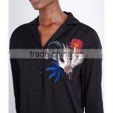 Wholesale Women Black Long Sleeves Hoxton Bird Embroidered Satin Shirt(DQE0108T) thumbnail-5