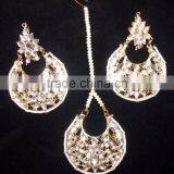 JADAU KUNDAN GOLD PLATED Dangler Chand Bali EARRINGS TIKA SET Real Look thumbnail-1