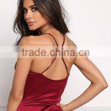 MGOO New Designs 2017 Lace Up Cross Strap Bodysuits Burgundy Satin Playsuits 2017 Summer Designs Beach Style thumbnail-3