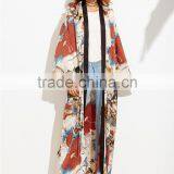 Custom Floral Print Women Beachwear Multicolor Flower Print Contrast Trim Belted Maxi Kimono thumbnail-3