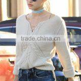 Runwaylover 4955 Latest Design Fashion Ladies Deep V-neck Tie Sweater thumbnail-1