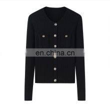 Wholesale Rib Knitted Round Neck Sweater Women's Button Down Cashmere Cardigan thumbnail-4