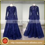 ASAM-07 Floor Length Zipper Back Tulle Lace Pearls Beaded Flowers Long Sleeves Blue Evening Dress                        
                                                Quality Choice