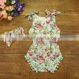 Wholesale Kids Jumpsuit Baby Girl Pom Pom Rompers With Rose Flower Baby Romper Clothes Baby Rose Floral Patterns thumbnail-3