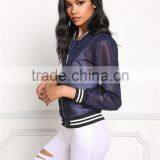 MGOO New Arrival Baseball Mesh Jackets Women Stripe Long Sleeves Fashion Zip Up Bomber Jackets 100 Cotton thumbnail-5