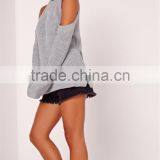 MGOO Custom Design Women Plain Knitwear Oversized Longline Ladies Sweater Chunky Cold Shoulder Jumper Grey thumbnail-4