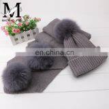 Winter Wool Knitted Beanies Scarf Fox Fur Pompom Knitted Hat Wool thumbnail-5