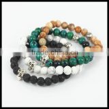 kjl-cst29 mix color natural lava/howlite/phoenix green round stone beads bracelet gold/silver skull head men charm bracelet