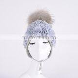 Baby Cotton Knit Hats With Fur Pompom Baby Hats With Chiffon Flowers KZ160094 thumbnail-5
