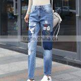 2017 Summer Latest Mid Waist Straight Leg Loose Denim Jeans Embroidery Patches Casual Denim Pant for Women thumbnail-1