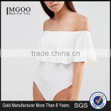 MGOO Women Slinky Bardot Bodysuit With Frill Overlay Plain White Sexy Off Shoulder Bodysuit Playsuit thumbnail-1
