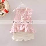 Cute child girl ruffle cotton top pink white stripes blouse blank shorts with pockets kids clothes