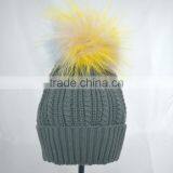 Myfur Grey Color Winter Striped Knitting Cap With Customized Big Fur Pom Pom thumbnail-3