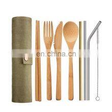 Wooden Teak Wood Flatware Cutlery Set Bamboo Wooden Flatware Straw Dinnerware Set With Cloth Bag Knives Fork Spoon Dishes Travel thumbnail-1
