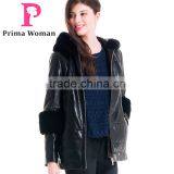 2016 New Design Winter Women Short Leather Coat With Rex Rabbit Hat Detachable Sleeveit Overcoat
