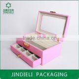 Pink Beautiful Fashion Leather Wooden Drawer Jewelry Box With Pvc Window
