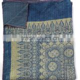 Handmade Kantha Quilt Throw Queen Size Ajrakh Bedcover Ajrakh Block Print Kantha Bedspread Blanket