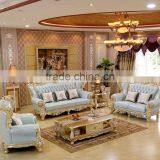 Luxury Living Furniture Wood Carving Goldfoil Light Blue Genuine Leather Sofa Set thumbnail-1