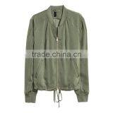 Khaki Green Soft Ribbed Collar Zip Bomber Jacket Womens Thin Coats and Jackets thumbnail-4