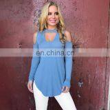 Top Selling Products Blue Cold Shoulder Long Sleeve Jersey Top Woman thumbnail-1