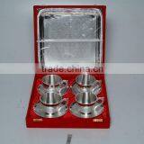 Silver Plated Engraved Brass Tea Coffee Cups & Plated Set Of Four Piece With Serving Tray thumbnail-1