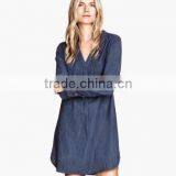 Women Long Sleeve V-neck Denim Shirt thumbnail-1