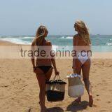 Tiny Black and White Pompom Chain Beach Bag, Pompom Belly Seagrass Basket thumbnail-3