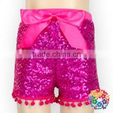 Hot Pink Baby Girls Pom Pom Shorts With Ribbon Bow Kids Cotton Shorts Summer Sequin Shorts Wholesale Girls