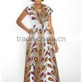 White Peacock Feathers African Print Patterns Faux Wrap Maxi Dress African Dashiki HSd5030 thumbnail-2