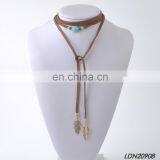 Layered Brown Suede Knot Necklace With Gold Leaves Natural Turquoise Pendant Necklace thumbnail-1