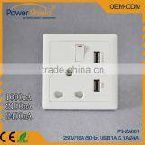 2015 Latest South Africa / India Type D /M Double USB Wall Power Outlet With Switch 250V 16A