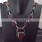 Ruby, Emerald, Red Jasper Necklace Plated 925 Sterling Silver 52 Gms 18-20 Inches thumbnail-1