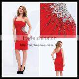 one shoulder beaded red cotton fabric short evening dress