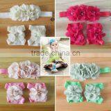 Baby Barefoot Sandals Satin Flower With Thin Elastic Matching Headband thumbnail-1