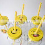 Cute Emoji Smile Face Decal Glass Beverage Handle Mug With Yellow Lid thumbnail-3