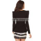 HAODUOYI Women Black Puff Sleeve Casual Style Jackets Gold Zipper Blazer thumbnail-3