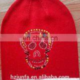 Red Color Imitate Rhinestone Knitted Washing Acrylic Hat thumbnail-1