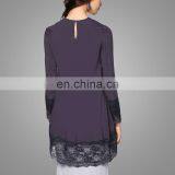 2017 New Fashion Silk Satin Material Women Long Sleeve Blouse Islamic O Neck Tunic With Black Lace Casual Muslim Top thumbnail-2